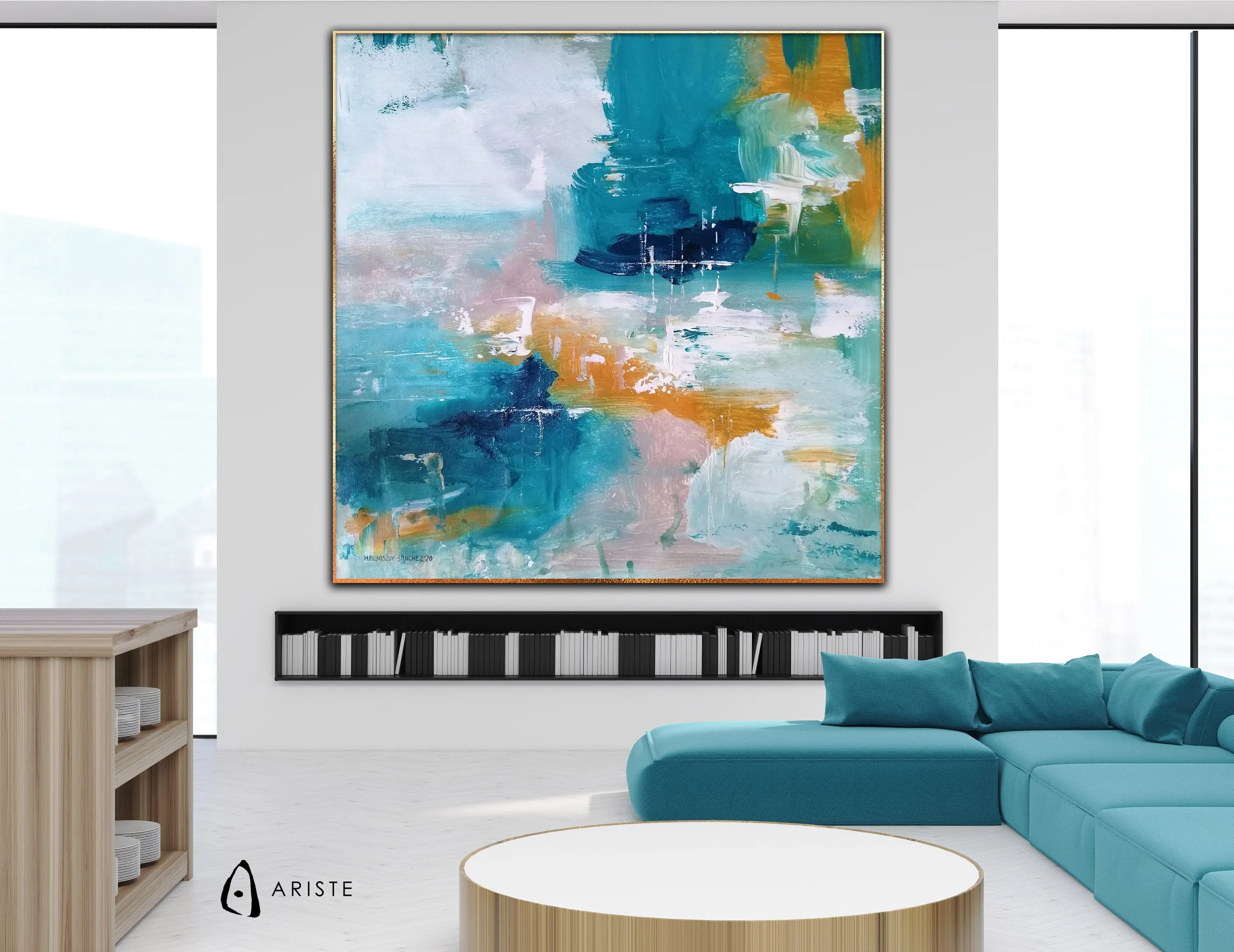 Teal, blue & orange large abstract painting made to order in a custom size