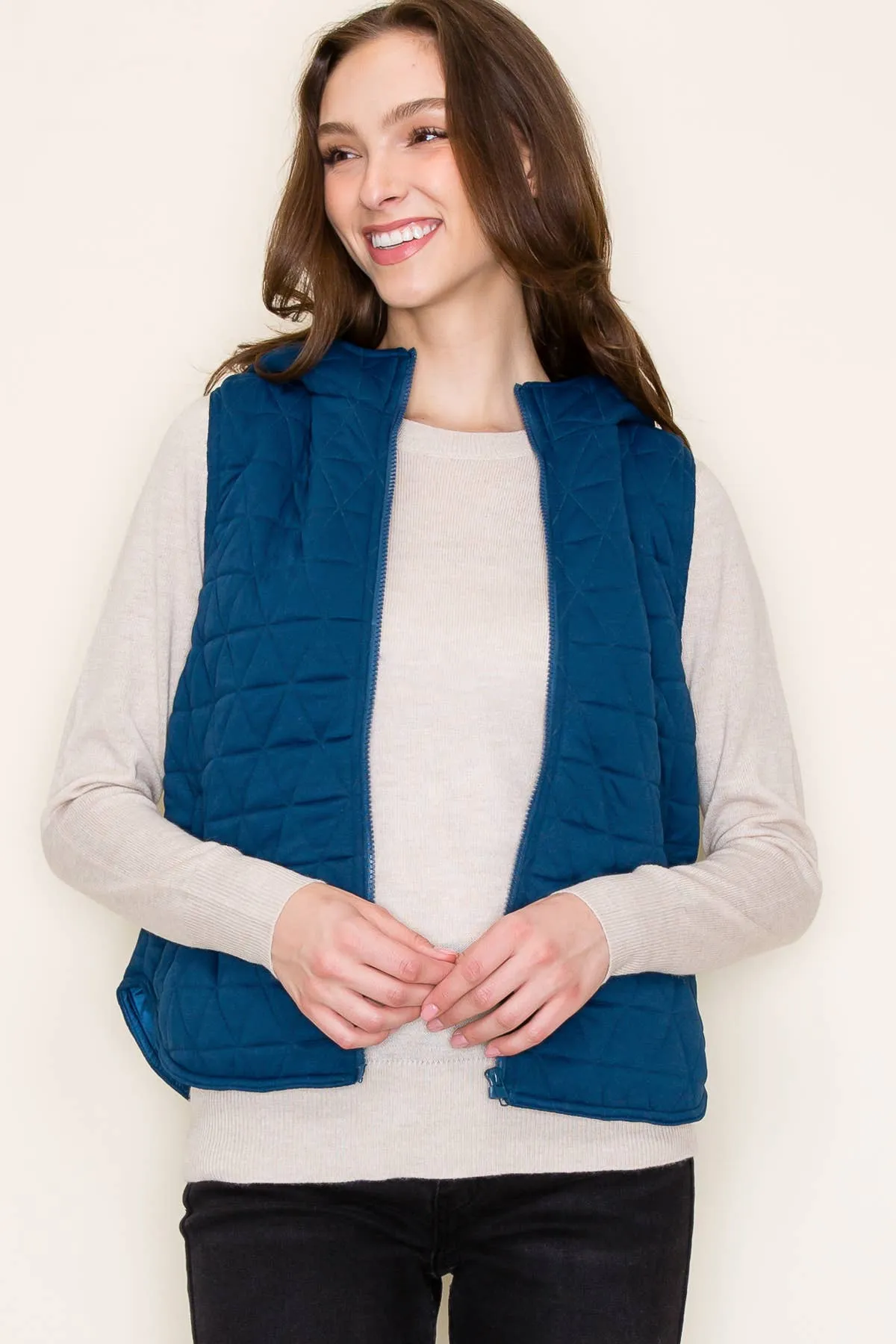 Teal Hooded Quilted Knit Vest with Zipper Closure and Pockets