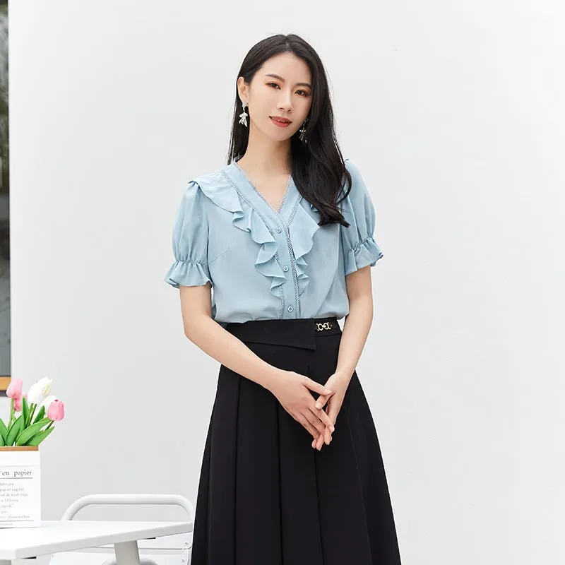 Teal Silk Ruffle T-shirt