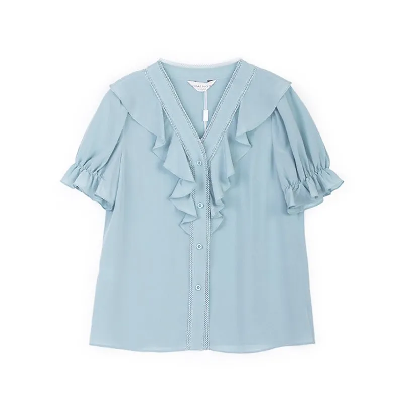 Teal Silk Ruffle T-shirt