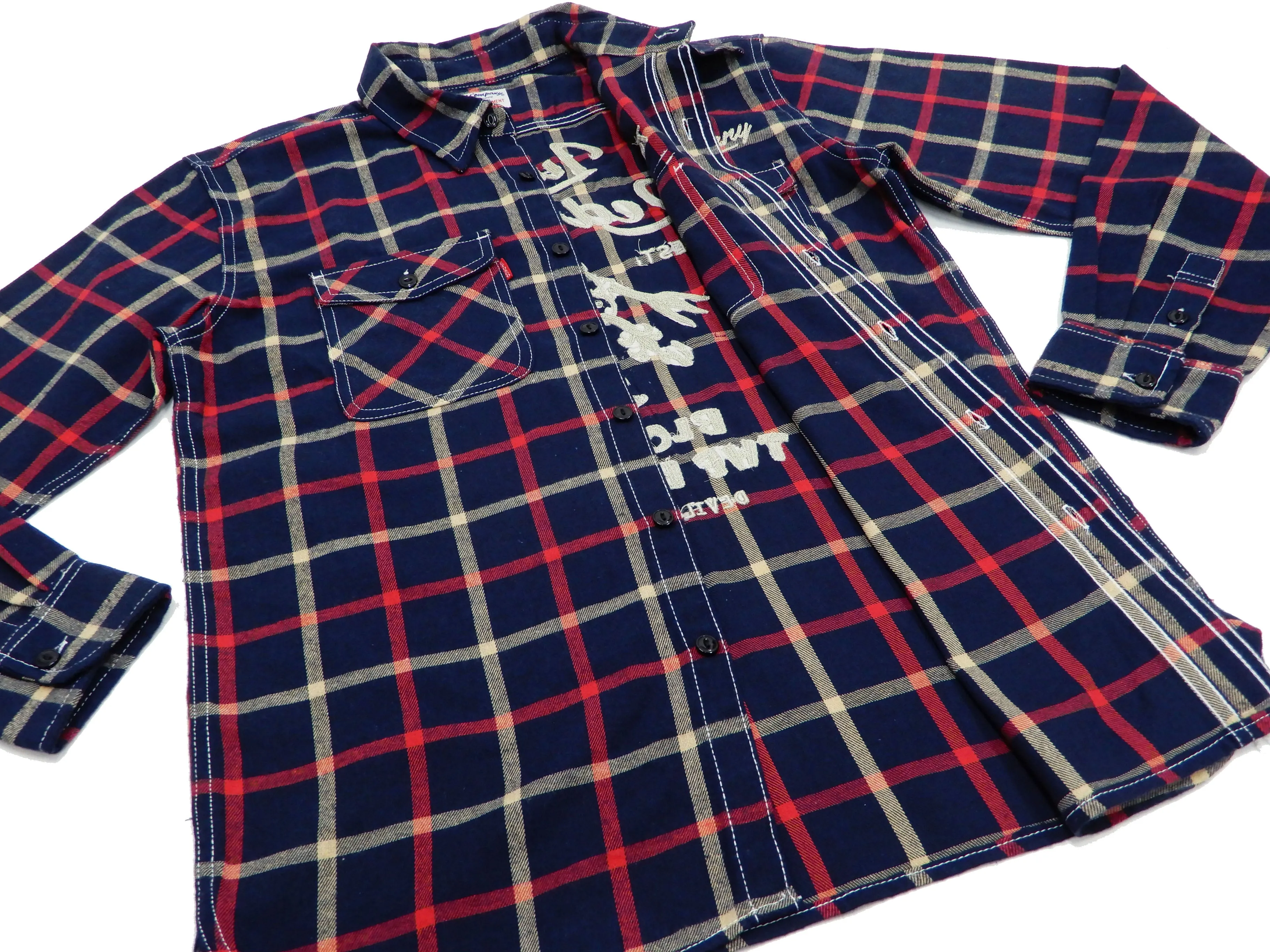 Tedman Custom Embroidered Plaid Flannel Shirt Men's Long Sleeve Shirt TNS-700 Navy/Red