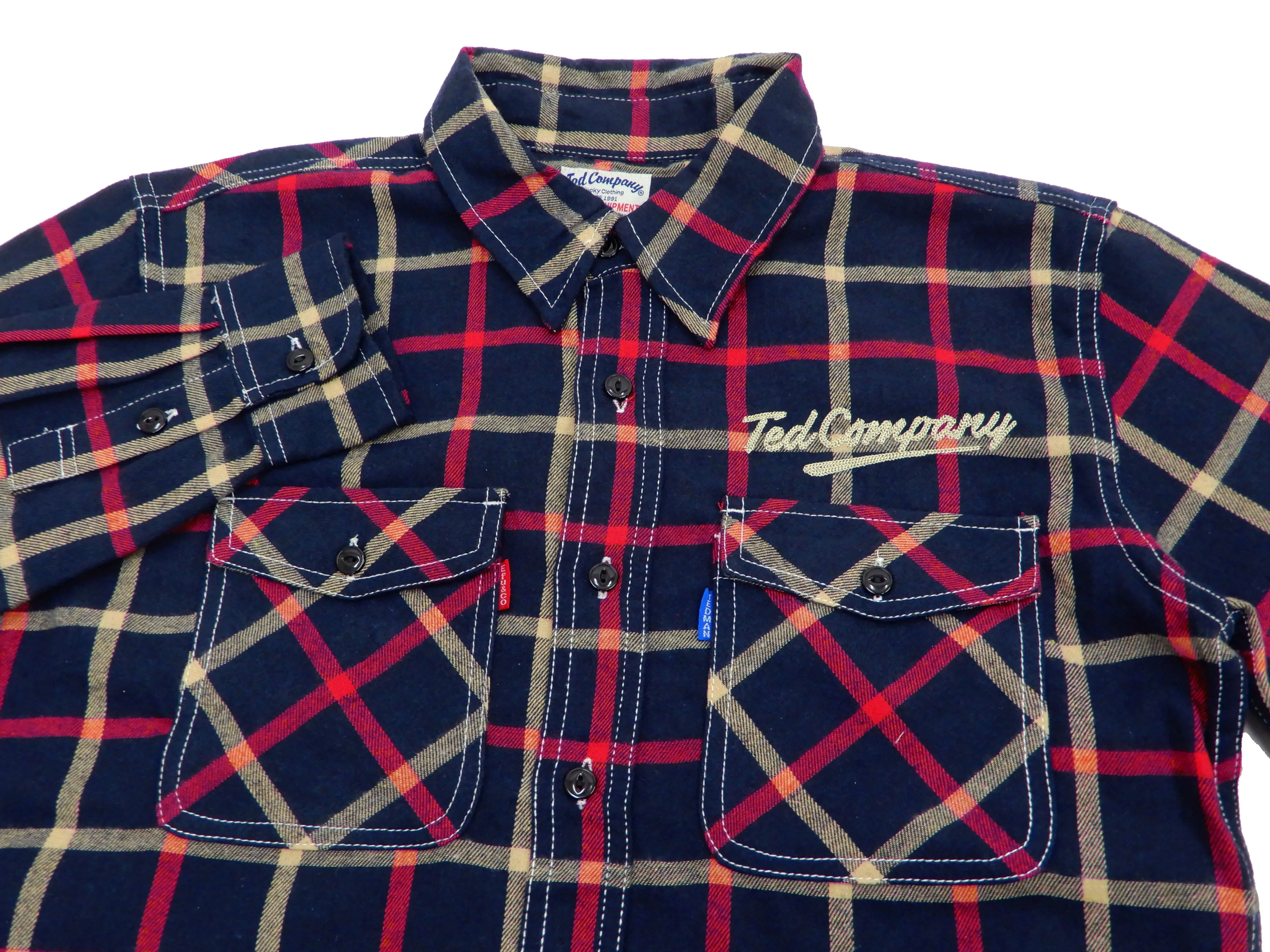 Tedman Custom Embroidered Plaid Flannel Shirt Men's Long Sleeve Shirt TNS-700 Navy/Red