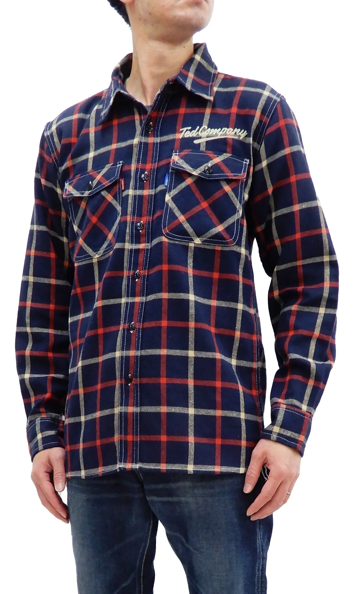 Tedman Custom Embroidered Plaid Flannel Shirt Men's Long Sleeve Shirt TNS-700 Navy/Red