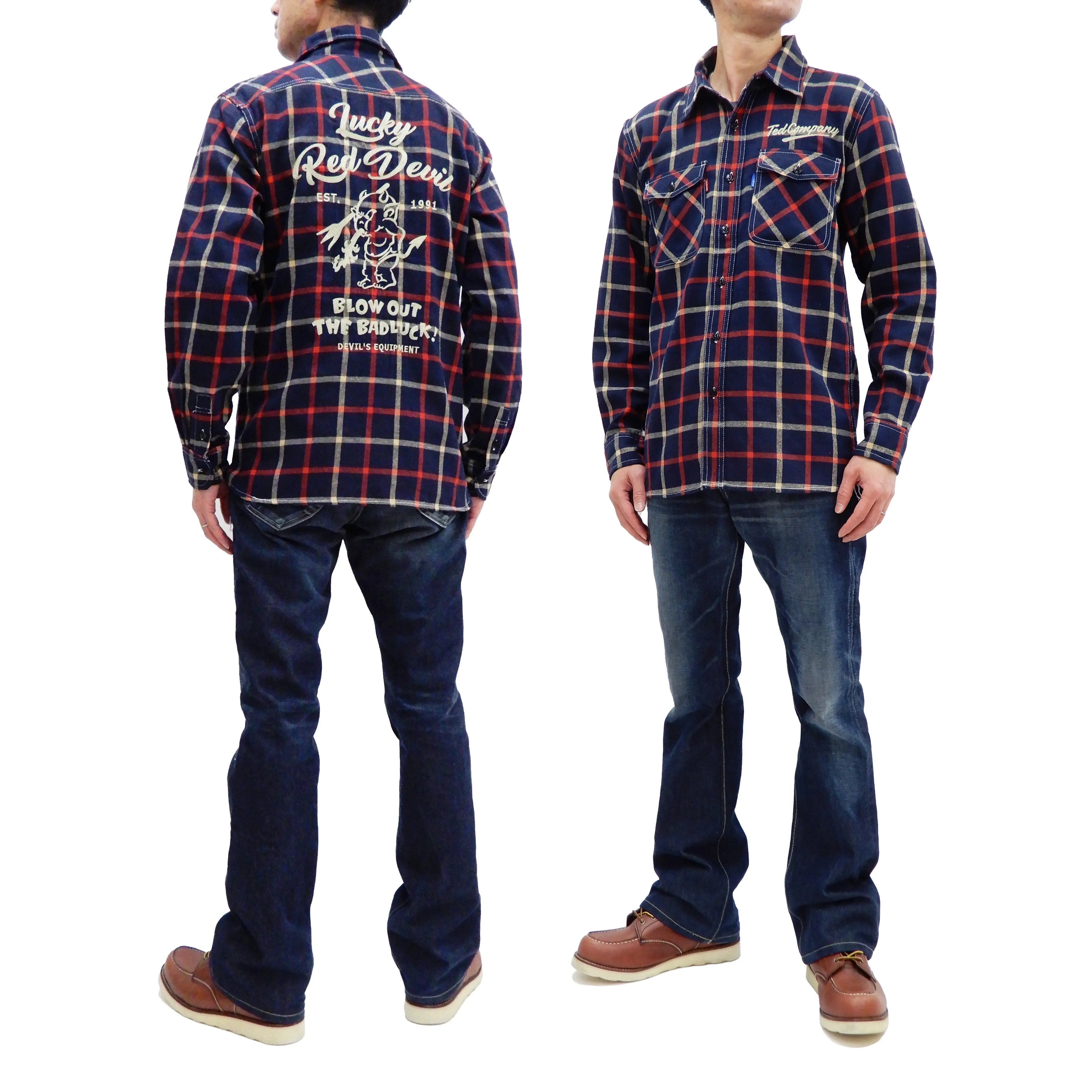 Tedman Custom Embroidered Plaid Flannel Shirt Men's Long Sleeve Shirt TNS-700 Navy/Red