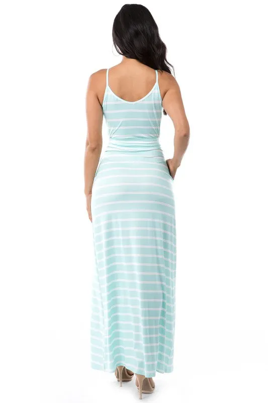 TEEK - LIGHT BLUE STRIPED BELTED POCKETED LONG DRESS