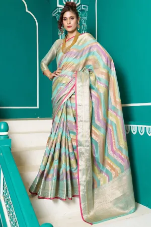 Tempting Sky Organza Silk Saree With Stunner Blouse Piece