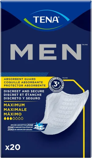 TENA Men Maximum Absorbent Bladder Control Pads, 9.9" Length, Pack of 20