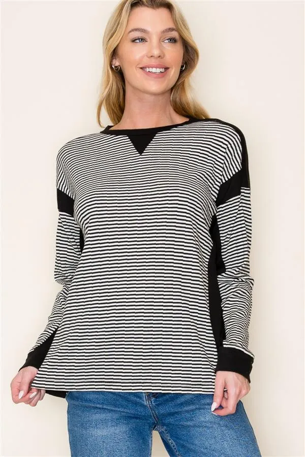 Textured Stripe Black Crewneck