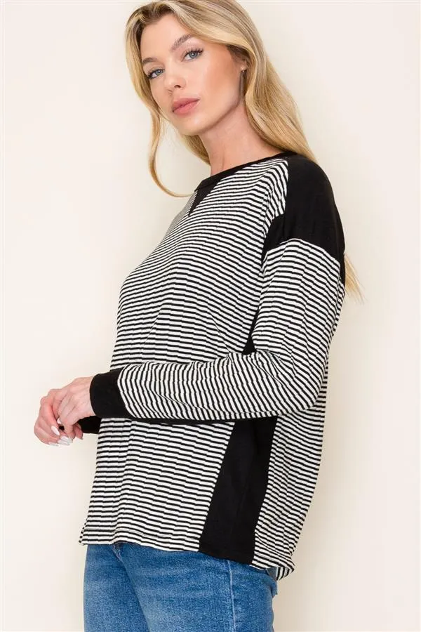 Textured Stripe Black Crewneck