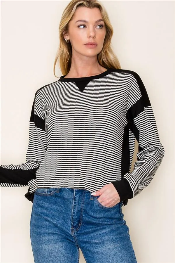 Textured Stripe Black Crewneck