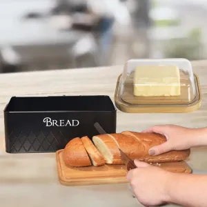 The Better Home Borosilicate Glass Butter Dish with Lid & Bread Box with Bamboo Cutting Board Lid-Combo Pack | Kitchen Accessories Combo (Rectangular Black   Butter Dish)