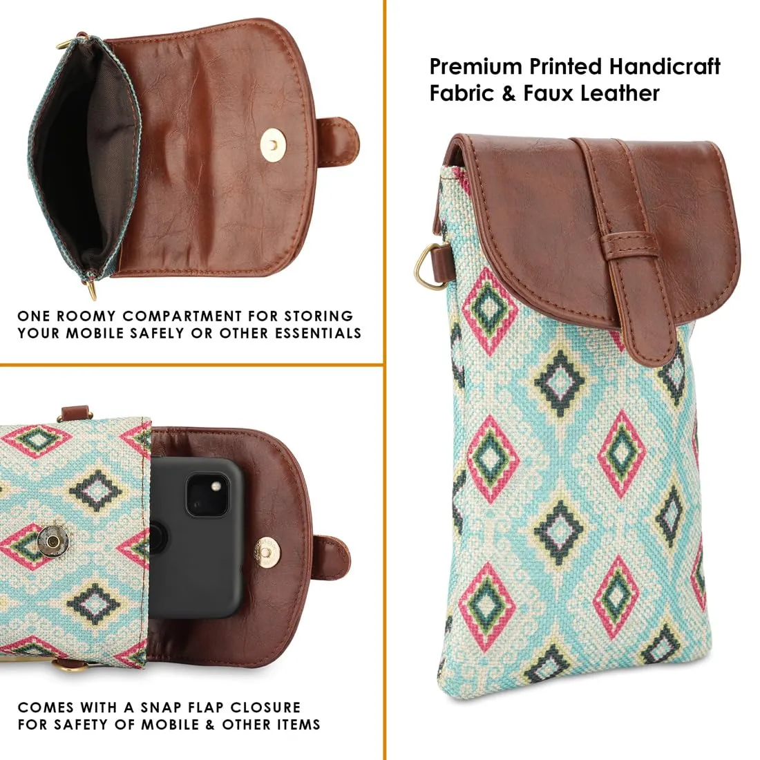 THE CLOWNFISH Flexiflare Series Mobile Sling for Women Printed Handicraft Fabric & Faux leather Casual Ladies Mobile Pouch Crossbody Bag for College Girls (Sky Blue-Diamond)
