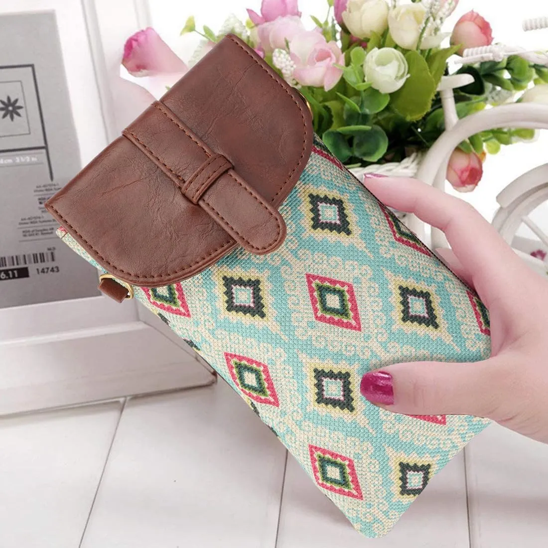 THE CLOWNFISH Flexiflare Series Mobile Sling for Women Printed Handicraft Fabric & Faux leather Casual Ladies Mobile Pouch Crossbody Bag for College Girls (Sky Blue-Diamond)