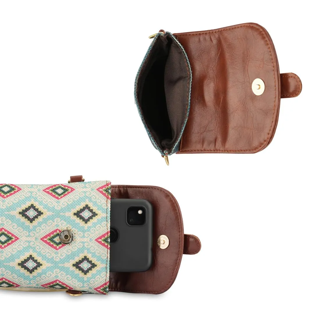THE CLOWNFISH Flexiflare Series Mobile Sling for Women Printed Handicraft Fabric & Faux leather Casual Ladies Mobile Pouch Crossbody Bag for College Girls (Sky Blue-Diamond)