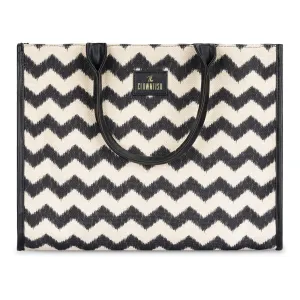 THE CLOWNFISH Opulence Series Multipurpose Handbag For Women Box Bag 14 inch Laptop Bag Tote Printed Handicraft Fabric & Faux Leather Bag (Black-Wave Design)
