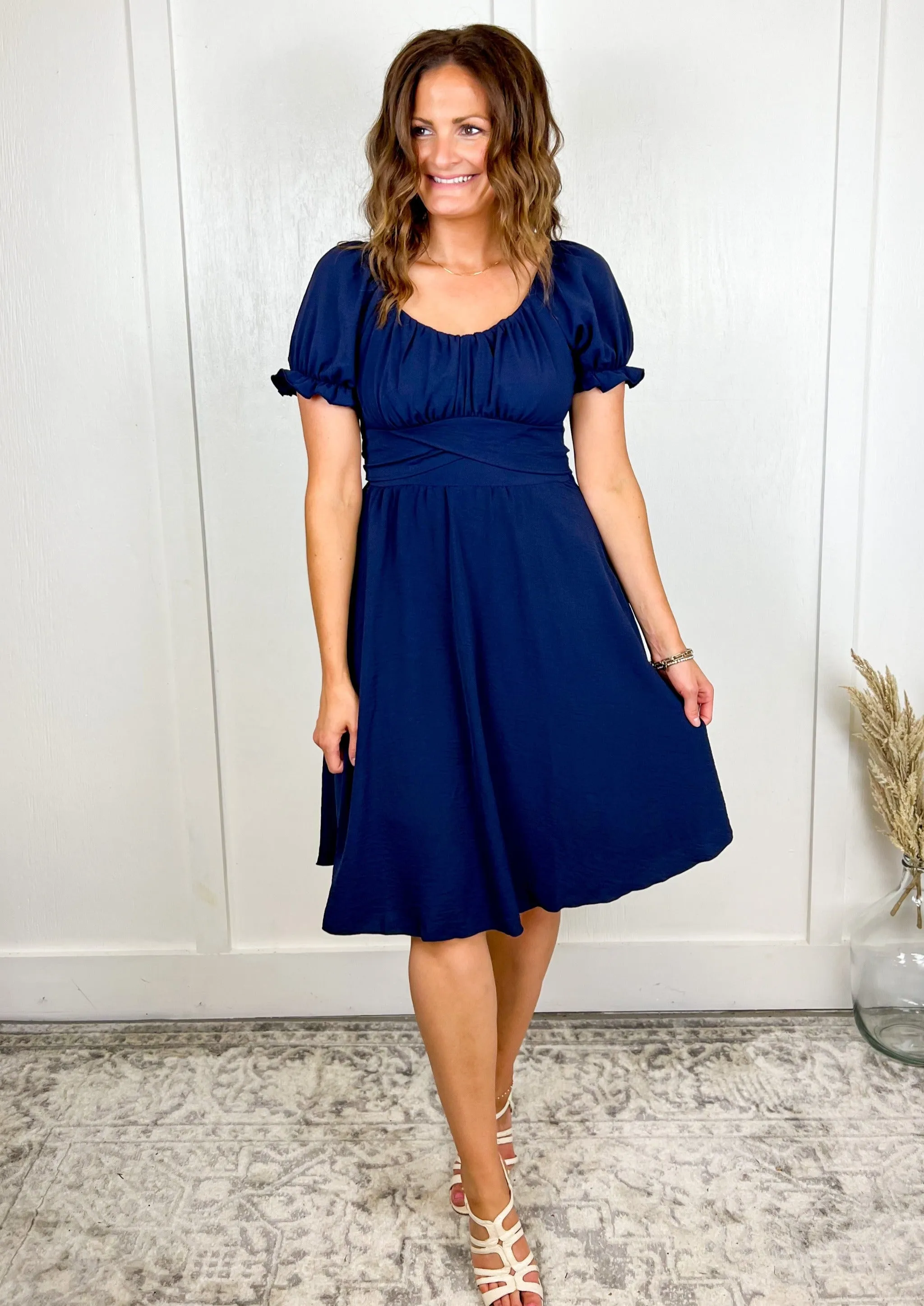 The Meadow Tie Back Navy Midi Dress