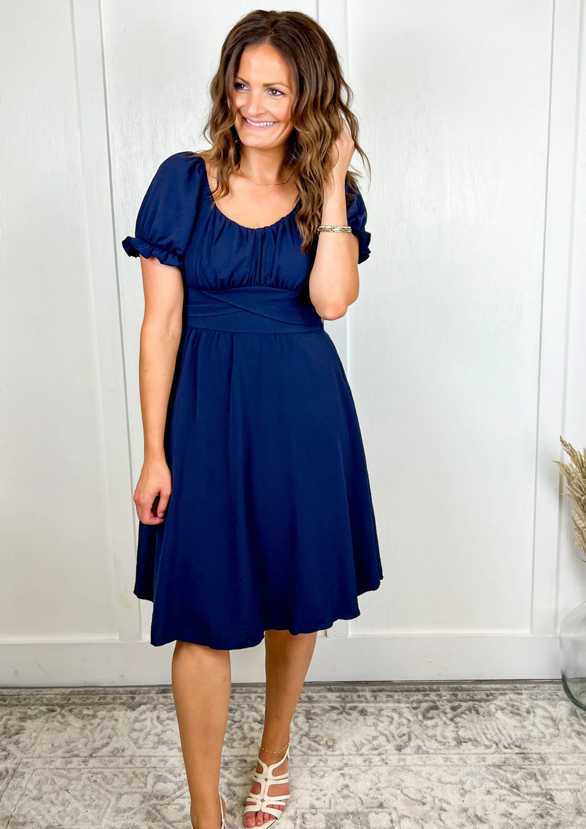 The Meadow Tie Back Navy Midi Dress