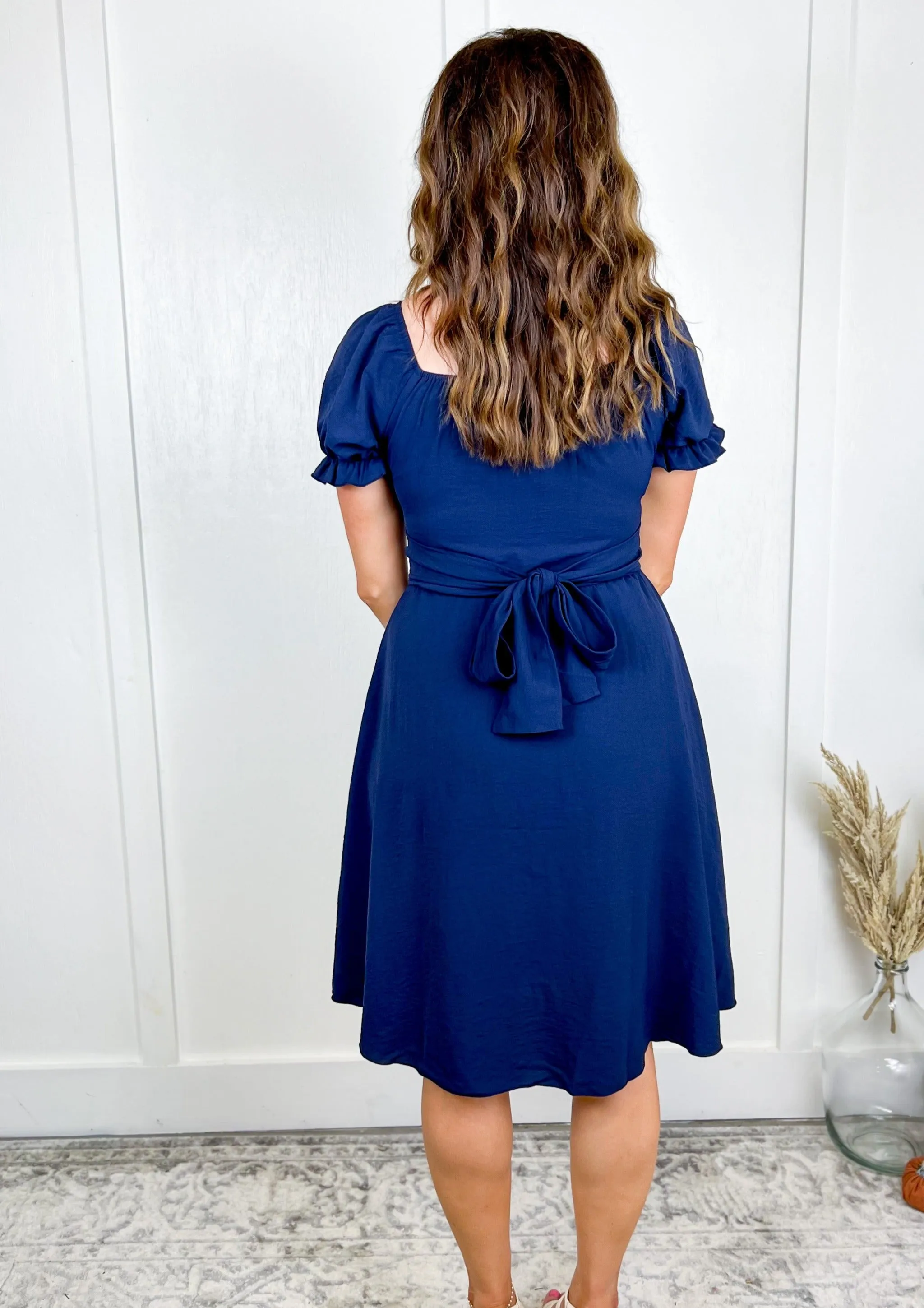 The Meadow Tie Back Navy Midi Dress