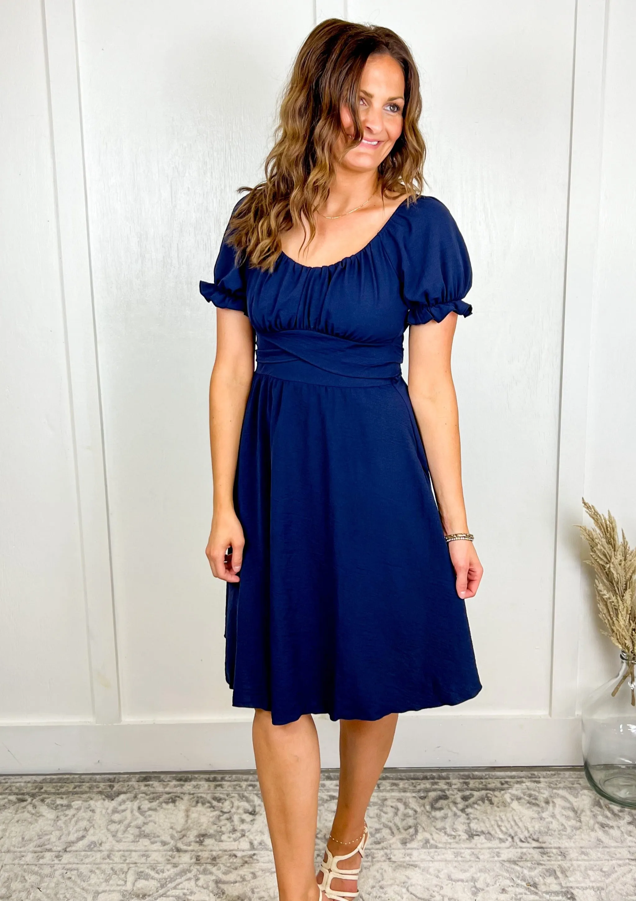 The Meadow Tie Back Navy Midi Dress