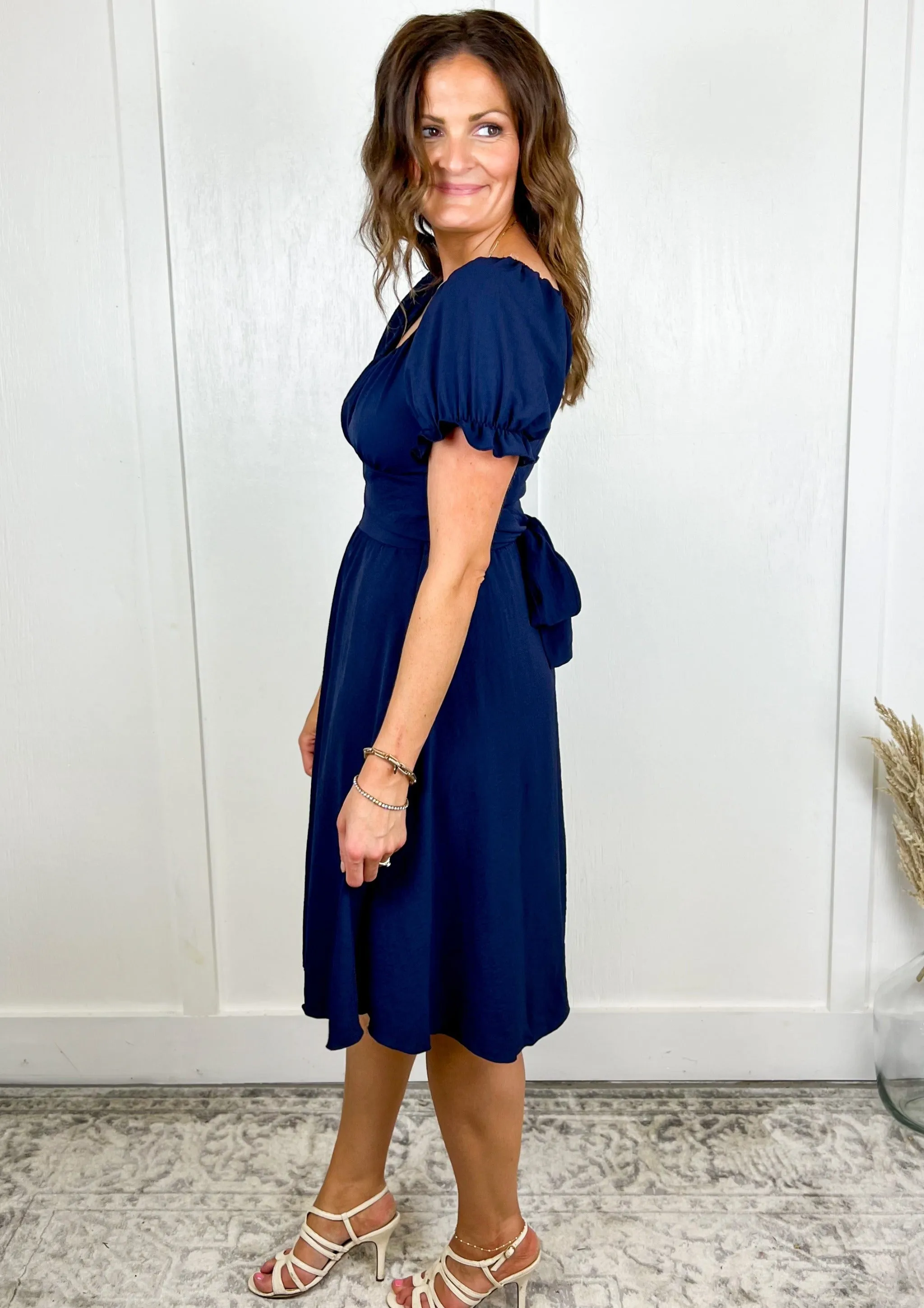 The Meadow Tie Back Navy Midi Dress