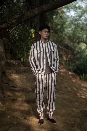 The Terra Tribe Grey Linen Twill Stripes Country Oversized Jacket for Men