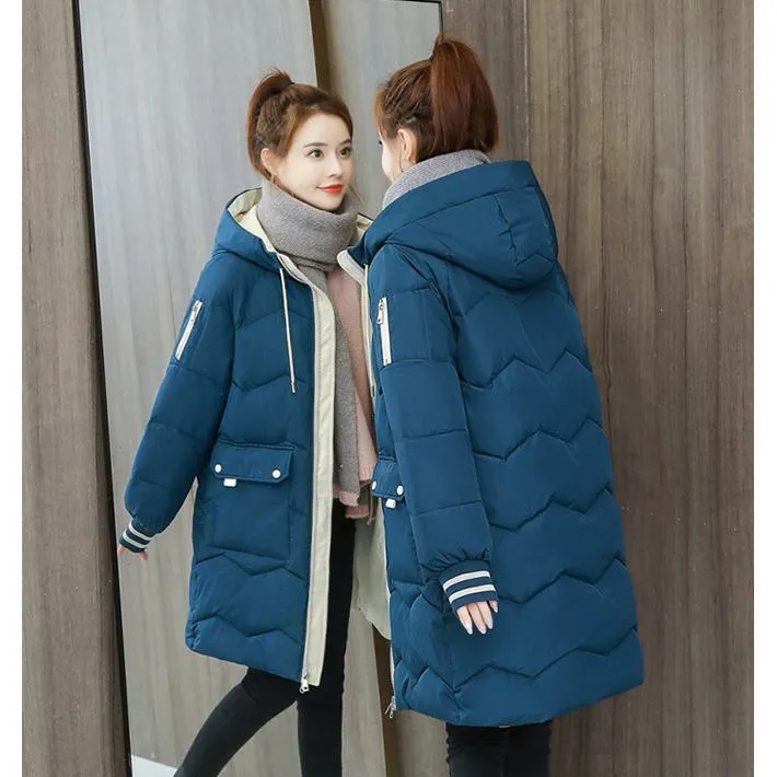 Thigh-Length Hooded Flap Pocket Puffer Coat