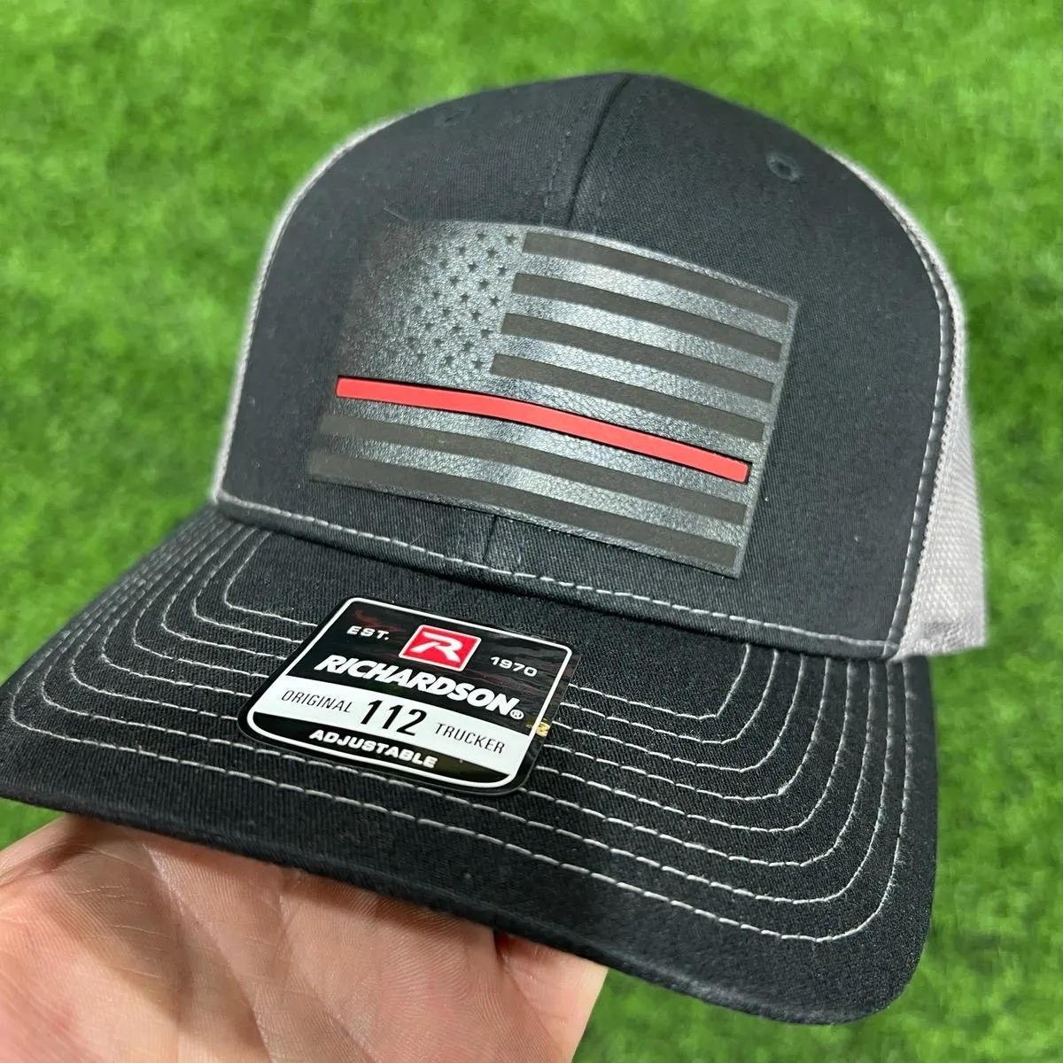 Thin Line Trucker Hats with Premium Leatherette on Richardson 112
