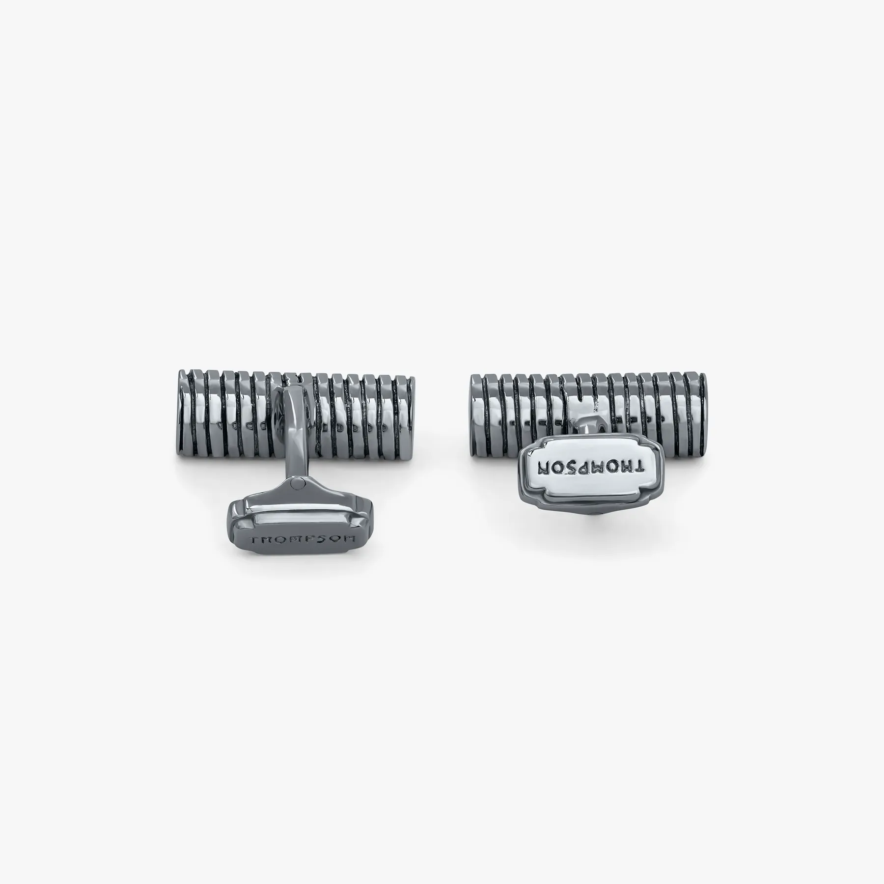 THOMPSON Ribbed Cylinder cufflinks with blue enamel