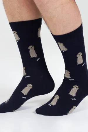 Thought Doggy Bamboo Crew Socks in Navy/Golden Retriever