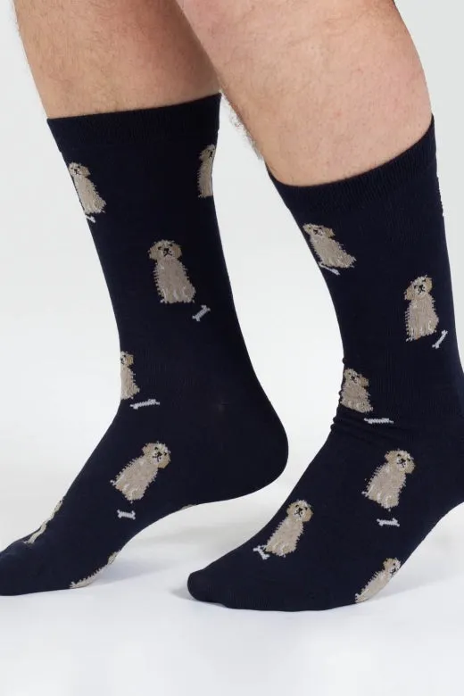 Thought Doggy Bamboo Crew Socks in Navy/Golden Retriever