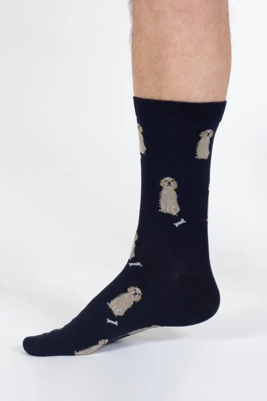 Thought Doggy Bamboo Crew Socks in Navy/Golden Retriever
