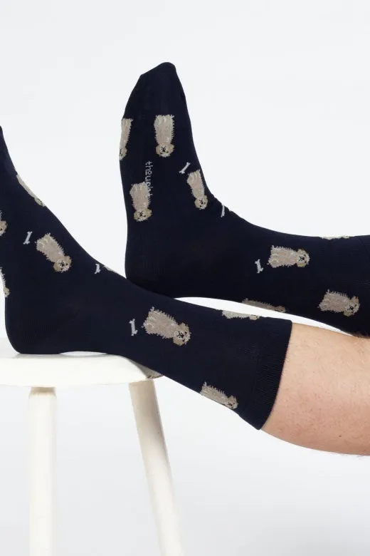 Thought Doggy Bamboo Crew Socks in Navy/Golden Retriever