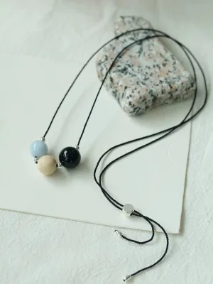 Three-Bead Natural Stone Long Black Cord Sliding Necklace