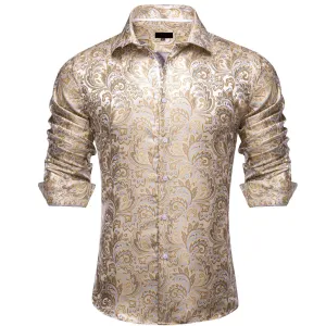 Ties2you Dress Shirt Beige Floral Silk Button Down Long Sleeve Shirt for Men