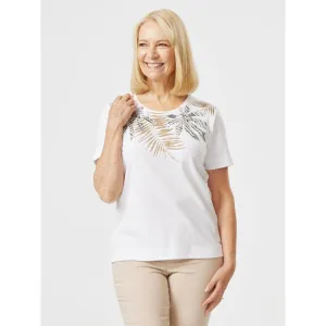 Tigi 22/24 White Leaf Print Placement Crew Neck Top