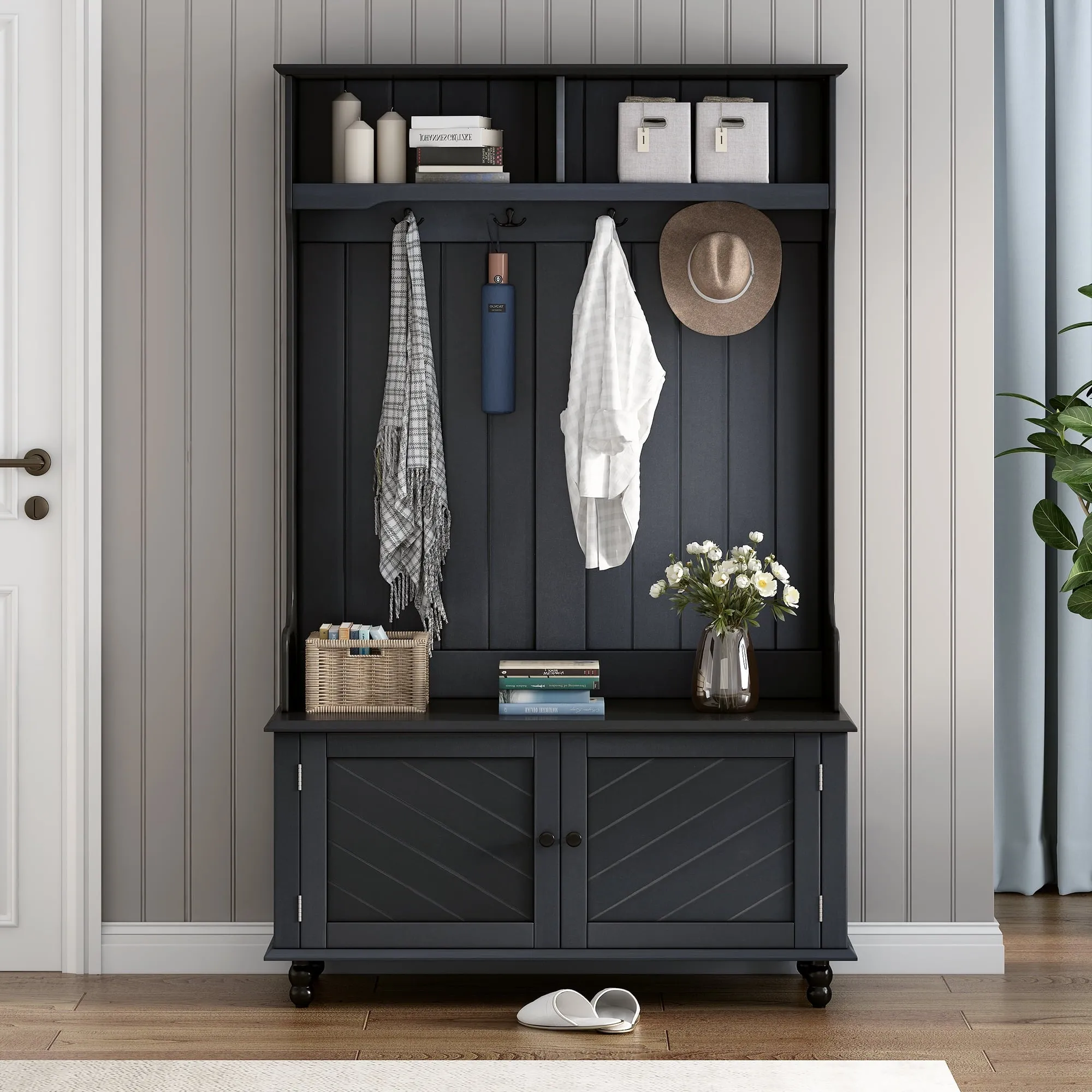timeless Hall Tree w/Bench for Entryway, 3-in-1 Coat Hanger w/Hooks, Doors, and Shelf, Black