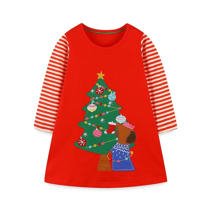 Toddler/Kid Girl's Christmas Tree Red Long Sleeve Dress