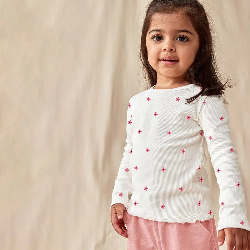 Toddler/Kid Girl's Long Sleeve Little Pink Flowers Print Design Tee with Pants Set