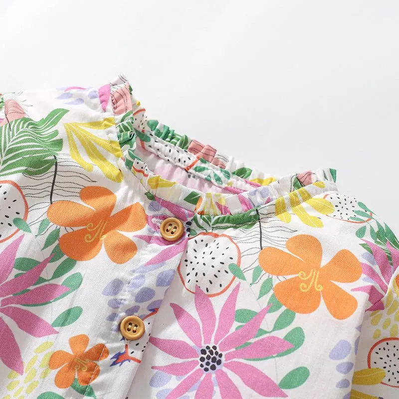 Toddler/Kid Girl's Long Sleeve Tropical Fruit and Floral Design Dress