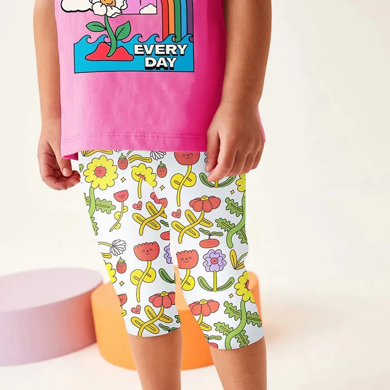 Toddler/Kid Girl's Pink Rainbow T-shirt with Floral Design Leggings Set