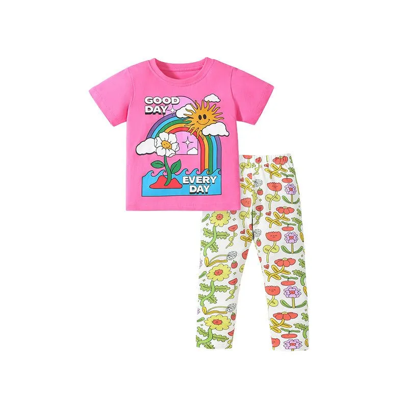 Toddler/Kid Girl's Pink Rainbow T-shirt with Floral Design Leggings Set