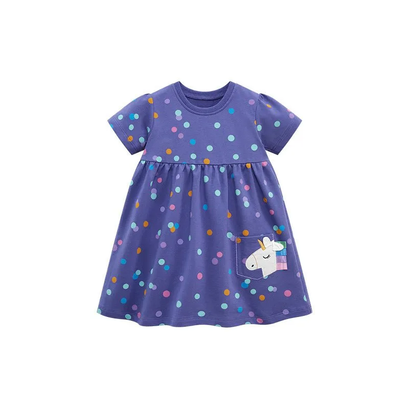 Toddler/Kid Girl's Short Sleeve Dot Design Princess Dress with Unicorn Print