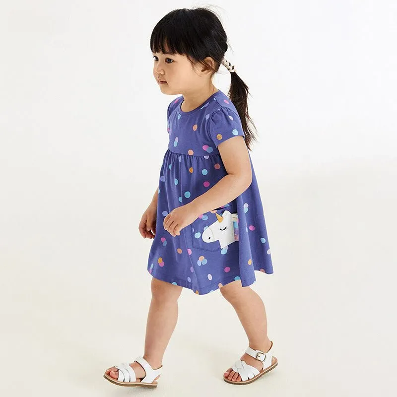 Toddler/Kid Girl's Short Sleeve Dot Design Princess Dress with Unicorn Print