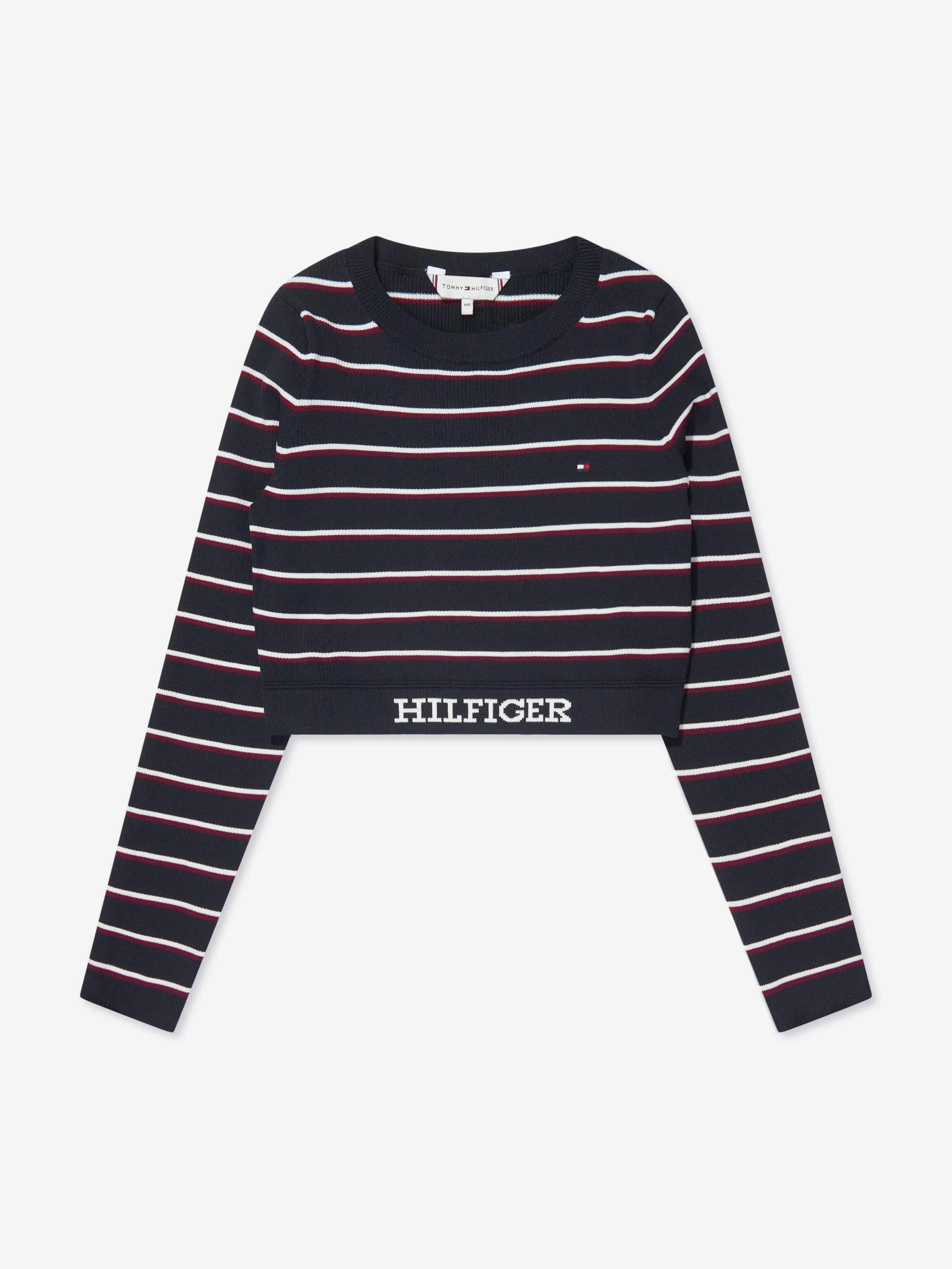 Tommy Hilfiger Girls Global Stripe Cropped Sweater in Navy