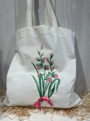 Tote Bag Floreale Country Chic - con Ricamo a Fiore e Fiocchetto - Pezzo Unico