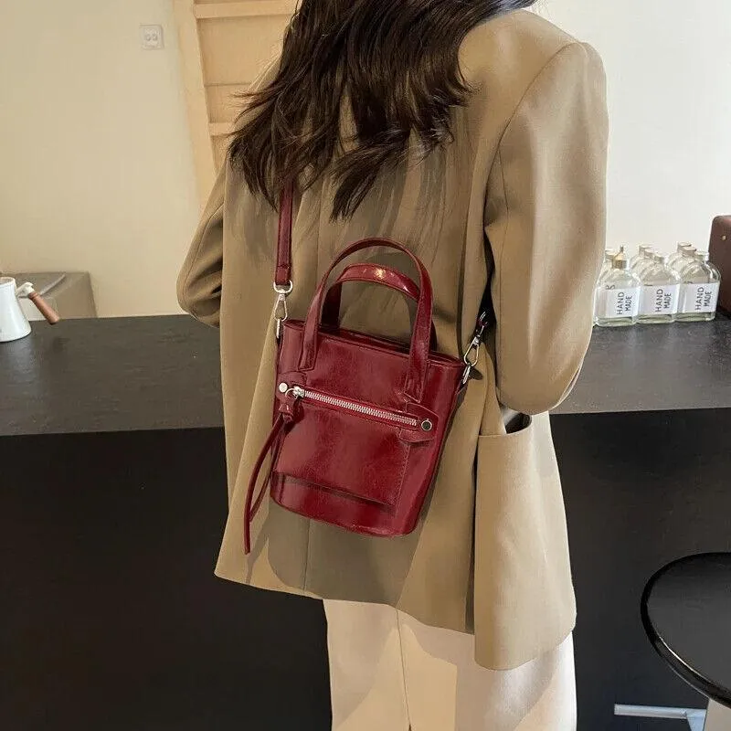 Tote Mini Handbags Women Glazed Leather Zipper Outer Pocket Crossbody Bags