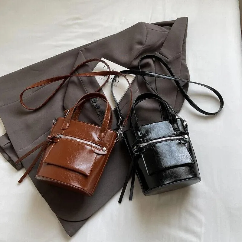 Tote Mini Handbags Women Glazed Leather Zipper Outer Pocket Crossbody Bags
