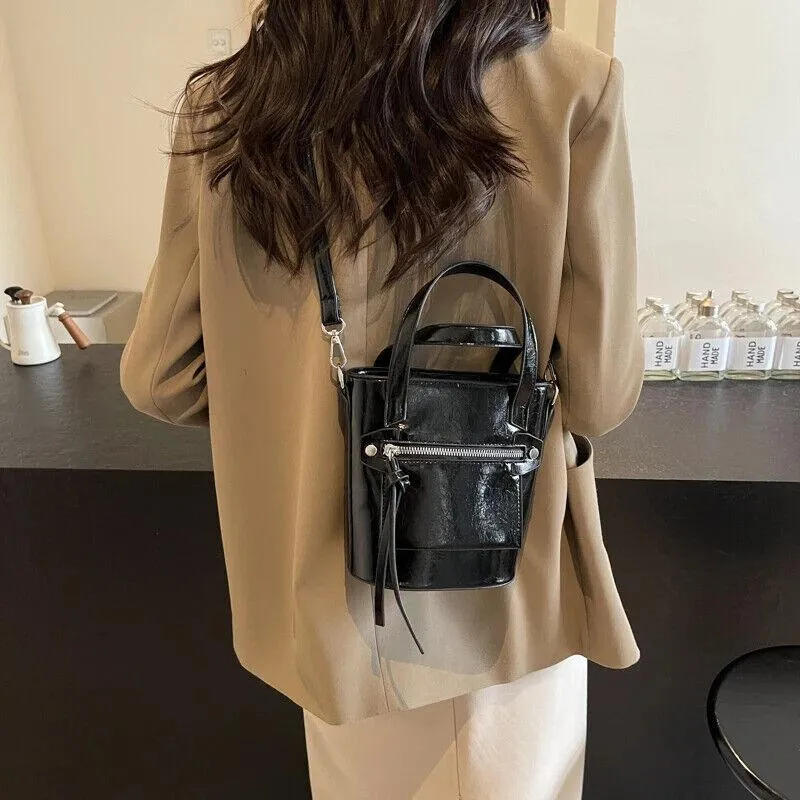 Tote Mini Handbags Women Glazed Leather Zipper Outer Pocket Crossbody Bags