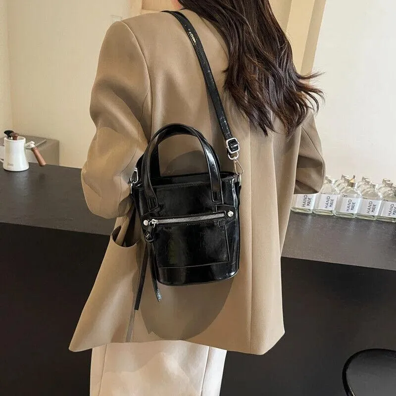 Tote Mini Handbags Women Glazed Leather Zipper Outer Pocket Crossbody Bags