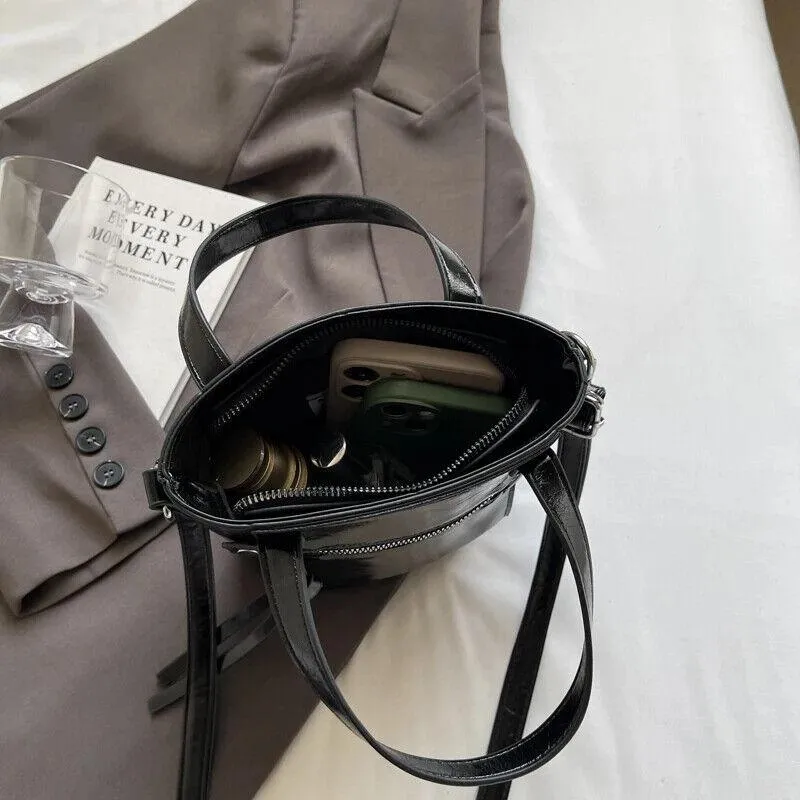 Tote Mini Handbags Women Glazed Leather Zipper Outer Pocket Crossbody Bags